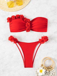 Conjunto de Bikini de 2 Piezas para Mujer, Color Rojo, con Apliques Florales en 3D, Top Bandeau sin Tirantes, Traje de Baño de Corte Alto, para Playa y Verano - Product Image 6