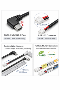 Кабель USB Type-C с угловым разъемом и 2-контактным разъемом JST (OEM/ODM) |   Индивидуальный кабельный жгут для питания и зарядки электроники - Product Image 6