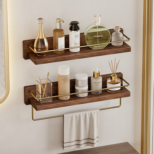 Étagère de rangement murale en bois massif à 2 niveaux sans perçage pour salle de bain, porte-serviettes et organisateur de maquillage - Product Image 1