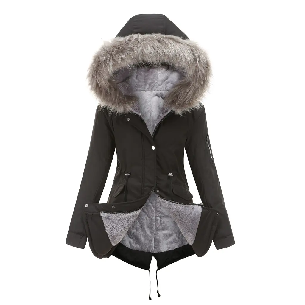 Womens Trending Winter Products 5XL Plus Size Cotton Coat with Fur Trim Hood Fleece Thick Trench Coat Puffer Coats Parkas Jacket
