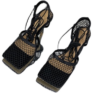 2024 square Head Fashion Lace-up Bag Heel Stiletto Sandals Ankle Strap Summer Mesh High Heels - Product Image 6