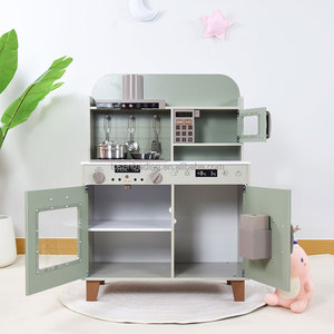 Jouet de jeu de rôle Montessori, cuisine en bois vert sauge moderne pour enfants avec micro-ondes, four, hotte et cuisinière - Product Image 1