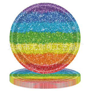 Ensemble de vaisselle jetable colorée à paillettes pour fête d'anniversaire, assiettes rondes en papier, gobelets, serviettes avec motif arc-en-ciel - Product Image 2