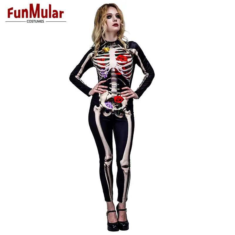 Funmular pakaian setelan kerangka unik wanita dengan jumpsuit mawar pakaian untuk Halloween OEM/ODM