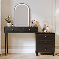 Bureau de toilette moderne noir à 5 tiroirs avec miroir LED arqué et armoire latérale mobile, station de charge intégrée pour chambre à coucher.