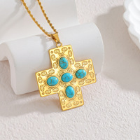 Collier Pendentif en Acier Inoxydable Étanche à l'Eau, Style Bohème Naturel, Turquoise Ethnique Vintage, Bijoux de Mode en Gros pour Femmes
