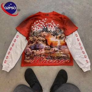 QZFSO sweat personnalisé hommes sérigraphie Vintage recadrée acide lavé graphique t-shirts T-shirt Double couche à manches longues Boxy T-shirt - Product Image 1
