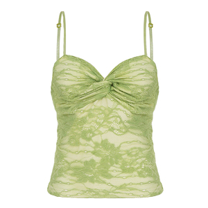 Débardeur en dentelle verte pour femme, torsadé à l'avant, froncé, transparent, sexy, pour l'été, les soirées et les clubs - Product Image 6