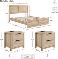Ensemble de chambre à coucher en bois de style campagnard, 3 pièces, lit plateforme Queen avec tables de chevet avec chargeur