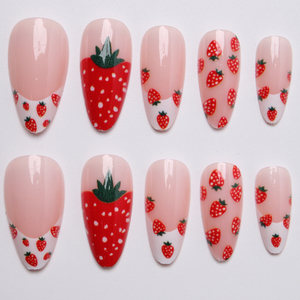Faux ongles à presser motif fraise rouge mignons - Base nude, forme amande avec <span class=keywords><strong>French</strong></span> <span class=keywords><strong>manucure</strong></span> blanche, réutilisables pour <span class=keywords><strong>manucure</strong></span> quotidienne - Product Image 4
