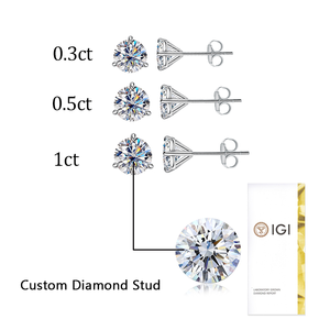 Bông tai kim cương nhân tạo mọc trong phòng thí nghiệm, kiểu Martini, 3 chân, 0.3CT - 1CT, tròn, màu DEF, độ tinh khiết VVS VS, chứng nhận IGI, vàng 10k/14k, công nghệ CVD/HPHT - Product Image 1
