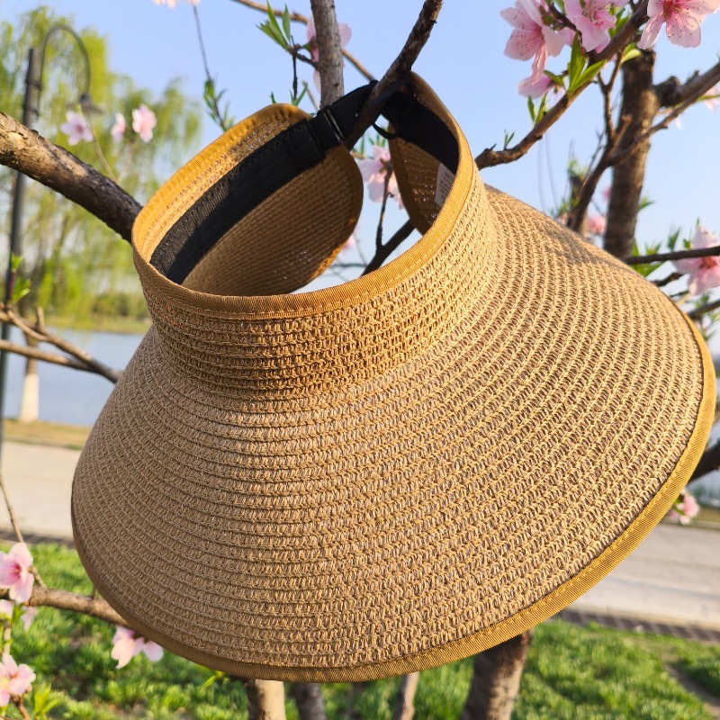 Summer Hollow Women's Character Style Floppy Visor Sun Hat Panama Style Paper Material Casual Straw Hats for Outdoor Travel