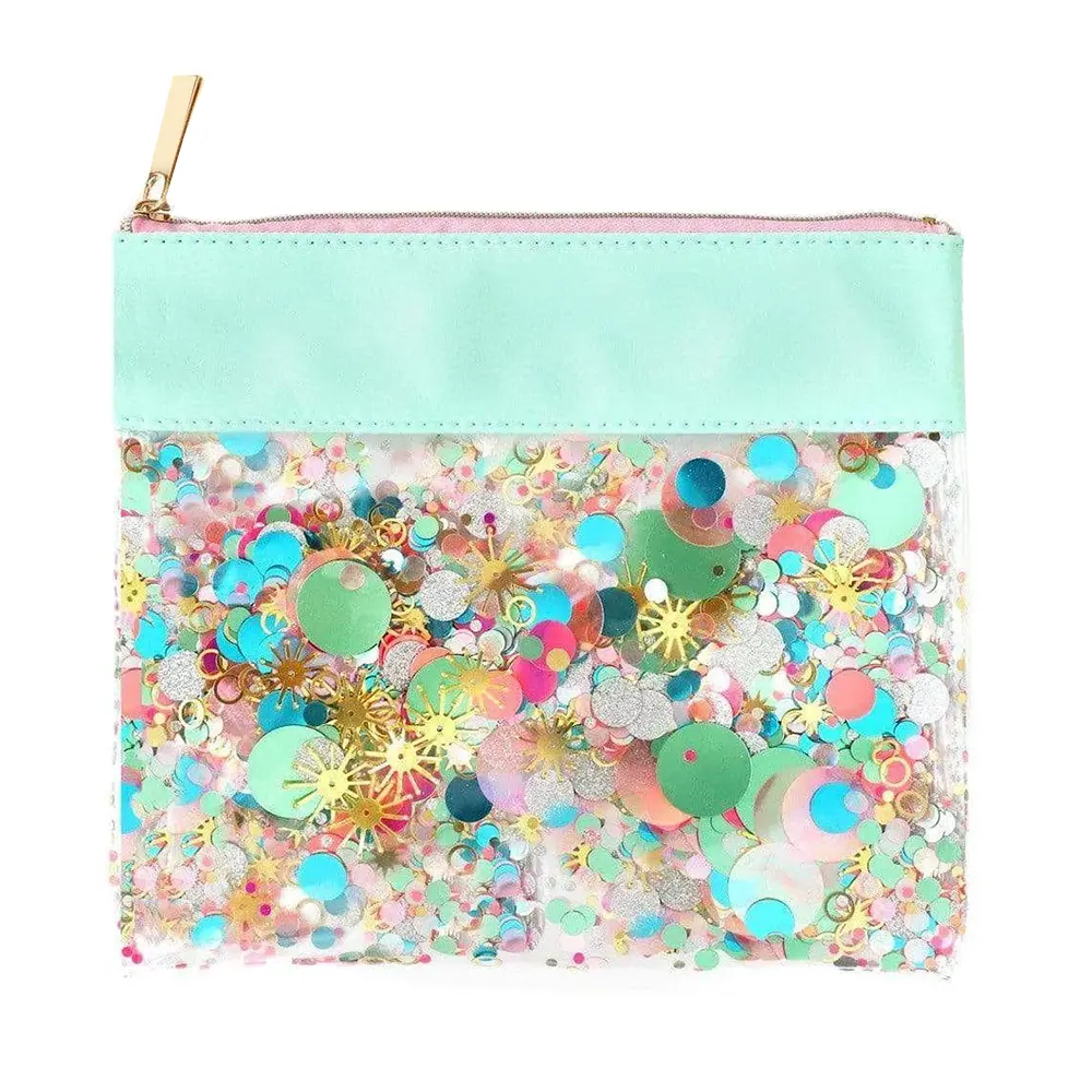 Hot Sale Promotional Cute Colorful Confetti Filled Sequin Transparent Pvc Glitter Cosmetic Makeup Bag
