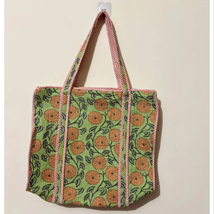 Bolso Tote Acolchado de Algodón Verde Étnico, Bolso de Mercado con Estampado Floral Personalizado, Bolso de Hombro a Precio de Mayoreo - Product Image 1