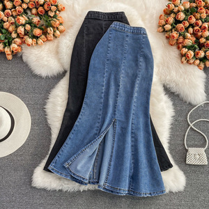Jupe sirène élastique fendue en denim à volants, coupe ajustée, <span class=keywords><strong>mi</strong></span>-longue, séchage rapide, nouvelle collection été pour femme 131 - Product Image 1