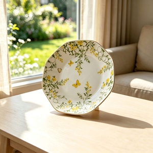 <span class=keywords><strong>Assiette</strong></span> en céramique <span class=keywords><strong>blanche</strong></span> de style vintage avec motif de fleurs jaunes et de papillons, forme <span class=keywords><strong>octogonale</strong></span> géométrique, plat de service pour le thé et les pâtisseries - Product Image 1
