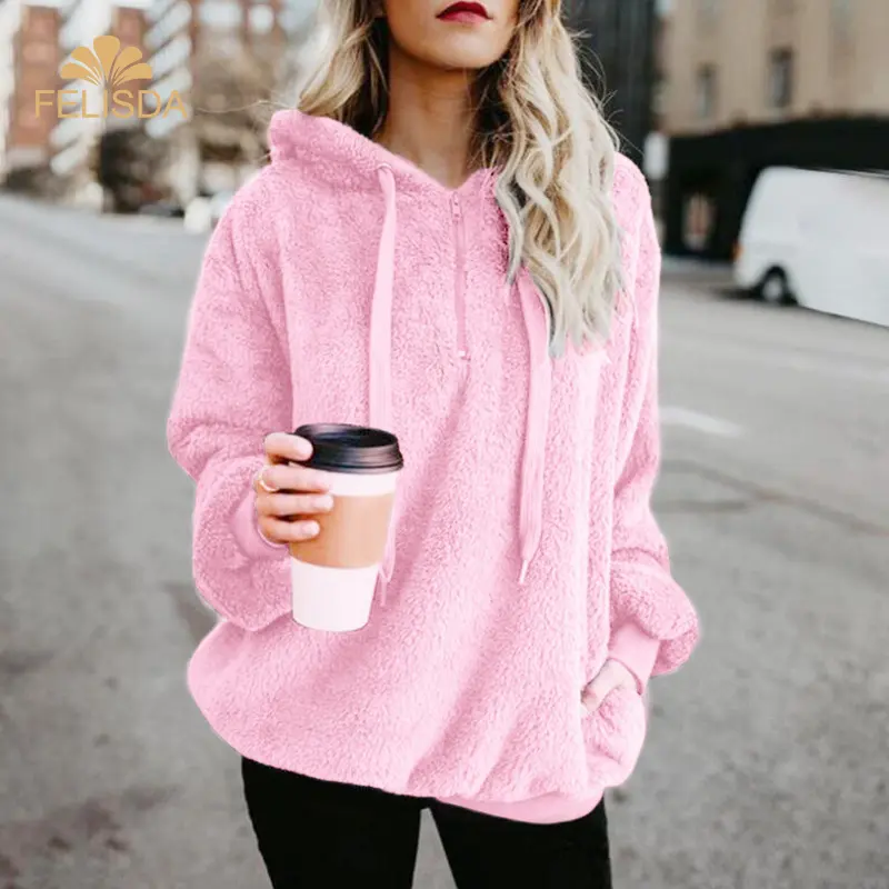 Herfst Winter Jassen Roze Soild Sweet Hooded Vrouwelijke Losse Casual Warme Truien Dames Fleece Flanel Trui Vrouwen Sweater