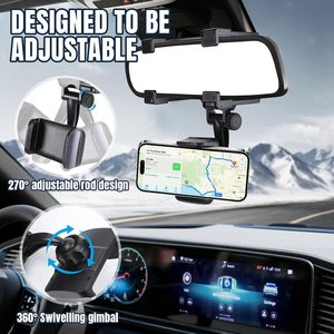 Support de téléphone pour voiture à fixation sur rétroviseur, rotation à 360°, dégagement rapide à un bouton, bras télescopique réglable, matériau ABS robuste, fixation sur grille d'aération - Product Image 4