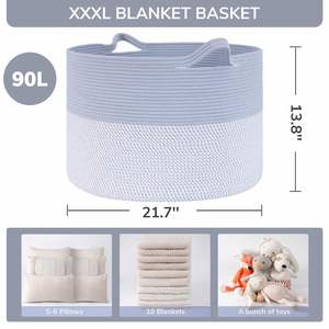 90L Extra <b>Large</b> Woven Cotton Rope Blanket <b>Basket</b> with Handles Laundry Hamper <b>Storage</b> Bin for Pillows Comforters - Product Image 3