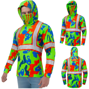 Amerikanischer Stil Hi-Vis Klasse <span class=keywords><strong>3</strong></span> Tarnmuster Reflektierender Sicherheits-Hoodie mit Gesichtsmaske 360 °   Warnschutz-Arbeitshemd - Product Image 1