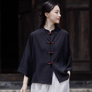 Traditional Chinese Women's Summer Top Navy Blue Cotton Linen Frog Button Loose Fit Tea Dress Sun Protection Air Conditioning - Product Image 3
