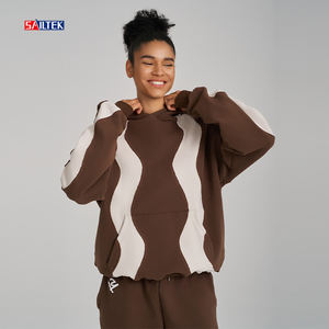 Felpa <span class=keywords><strong>Oversize</strong></span> da Donna con Motivo Ondulato Bicolore Marrone e Bianco, Pullover con Cappuccio Patchwork Casual Streetwear - Product Image 3