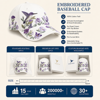 Casquette de baseball blanche en sergé de coton à six panneaux, broderie florale colibri, réglable 56-62cm, logo personnalisé, vente en gros, OEM, faible MOQ