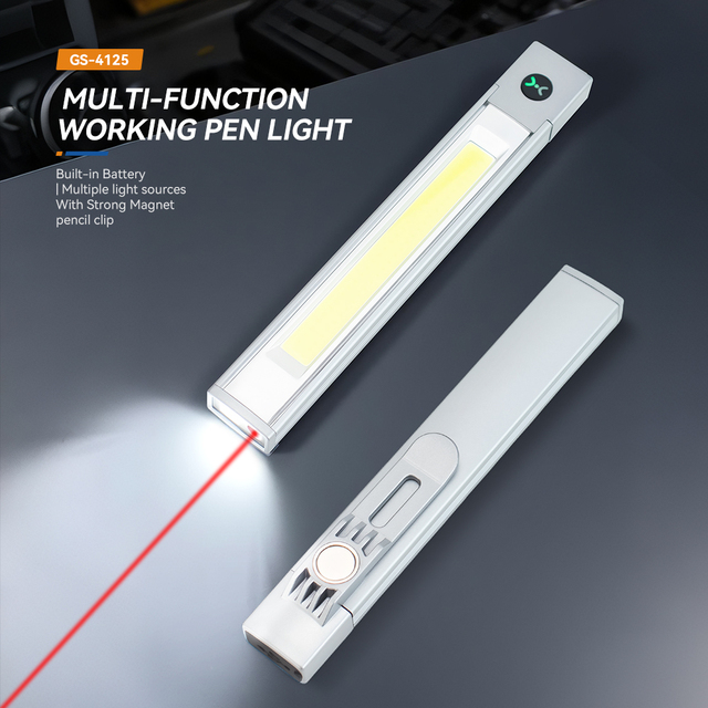 Aluminum Alloy Magnetic Work Pen Light USB-C Rechargeable COB LED+Red Warning+Laser for Car Mechanic Repair & Roadside Emergency