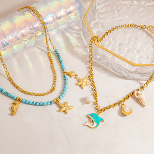 Collar de Varias Capas Serie Océano, Aleación de Zinc, Color Dorado, Cuentas de Turquesa, Dije de Estrella y Delfín, Joyería de Moda - Product Image 2