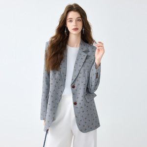 Women's Gray Floral Print Blazer Polyester Worsted Fabric Spring Autumn Style - Product Image 3