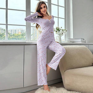 Sleepwear <b>Women</b> Floral Print Lettuce Trim Top with Long Pant Lovely Loungewear Full Sleeve <b>Nightwear</b> Spring Autumn Pajamas Set - Product Image 2