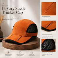 Gorras Originales Suede Burnt Orange, Gorra de 5 Paneles con Paneles Laterales de Malla Negra y Ribete en Contraste, Gorra de Boutique