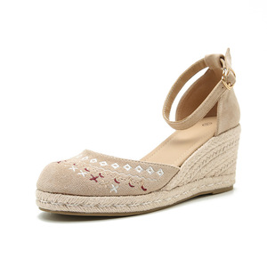 Sandales compensées pour femme à bout rond, tige en paille, bride arrière à boucle, respirantes, style été - Product Image 4