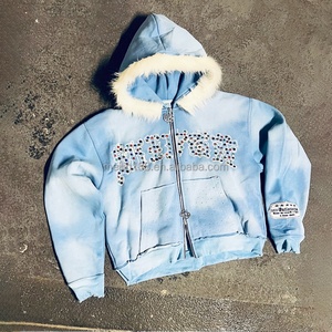 Fabricant de sweats à capuche en fourrure, broderie personnalisée en strass, sweat à capuche zippé pour homme, surdimensionné, épais, effet délavé au soleil, 420 g/m² - Product Image 1