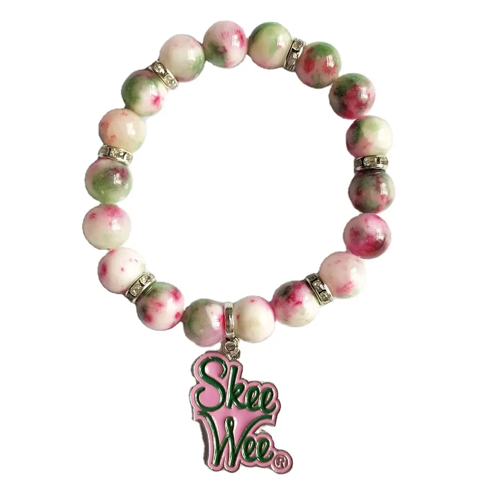 Gift Greek Sorority Inspired Pink Green White Tricolor Natural Stone Bracelet Jewelry