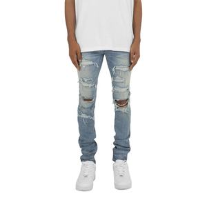 Jeans skinny vintage personnalisés avec strass en diamant empilés et délavés pour hommes - Product Image 1