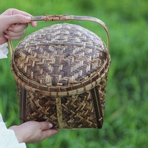 <b>Bamboo</b> Woven Basket Round Food <b>Container</b> Natural Color Handheld Kitchen Storage Tea Ceremony Gift - Product Image 3