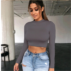 T-shirts courts de base pour femmes Tops courts sexy avec décoration de perles Blanc Noir à manches longues pour le printemps Hiver Design compressé - Product Image 4