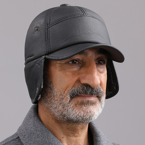 Leather Brimmed Hat With Fleece Lining Warm Winter <b>Cap</b> For <b>Men</b> Middle Aged Elderly Ear Protection - Product Image 2