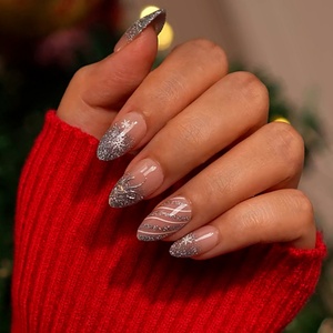 Uñas Postizas de Gel Suave con Diseño Francés Brillante Plateado, Venta al por Mayor, Reutilizables, Cortas, Almendradas, de Lujo, Kit de Uñas Falsas - Product Image 1