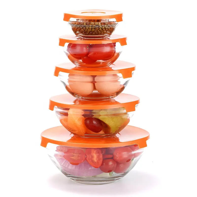 Ensemble de bols à mélanger en verre, 5 pièces, ronds en verre pour salade de fruits, récipients alimentaires, bol de service avec couvercle en plastique, vente en gros, YG03-2