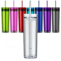 2020 קידום צבעוני פלסטיק כפול קיר drinkware עם קש ומכסה 16oz אקריליק מים בקבוק סקיני כוס
