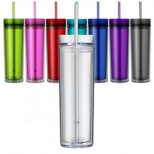 2020 Promotion Colorful plastic double wall drinkware with straw and lid 16oz acrylic water bottle skinny tumbler