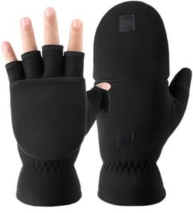 Gants d'hiver noirs pour hommes et femmes, mitaines convertibles sans doigts, doublure thermique isolante, coupe-vent, chauds pour le sport - Product Image 1