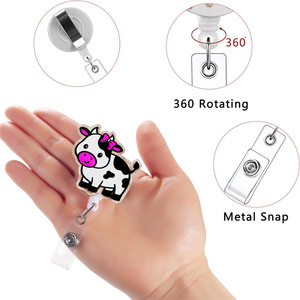 New cute cow badge scroll retractable <b>ID</b> <b>holder</b> acrylic easy-pull buckle glitter name tag pull cord wholesale - Product Image 3