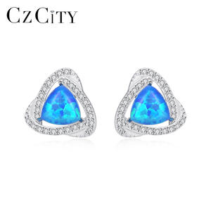 CZCITY toptan lüks bayan Vintage takı 925 ayar gümüş üçgen klasik renkli yangın Opal taş saplama küpe - Product Image 1