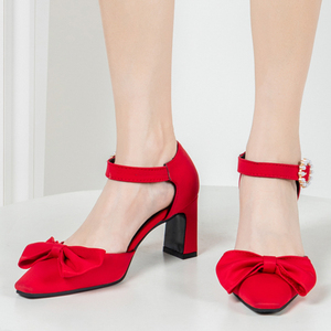 Sandalias de tacón alto y grueso para mujer con lazo frontal, zapatos de novia para boda, con aberturas laterales, perlas y hebillas. - Product Image 1