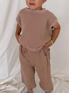 Set di cialde in tinta unita per neonati e bambine t-shirt oversize manica corta + <span class=keywords><strong>pantaloni</strong></span> lunghi waffle abbigliamento casual per bambini - Product Image 5