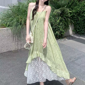 French Style Summer Green Spaghetti Strap Irregular Dress Vacation Casual Wear Solid Color Patchwork Design - Product Image 4