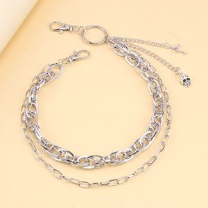 yueli Geometric Double Layer Metal <b>Skull</b> Pendant Pants Chain Zinc Alloy Waist Chain For Daily Wear Hip Hop Punk Style - Product Image 3